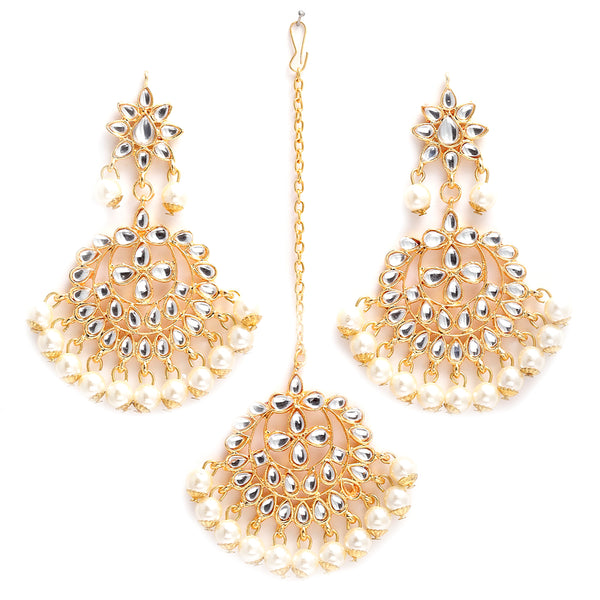 Gold-Plated White Pearl & Kundan Studded Maang Tikka With Earrings