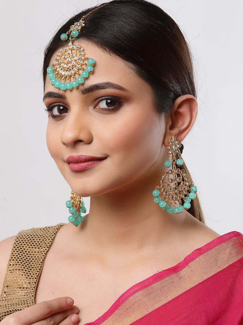 Blue Pearl Studded Handcrafted Kundan Maang Tika and Matching Earring Jewellery