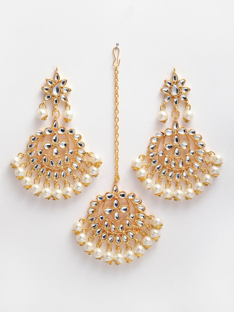 White Gold-Plated Kundan-Studded & Pearl Beaded Jewellery Set