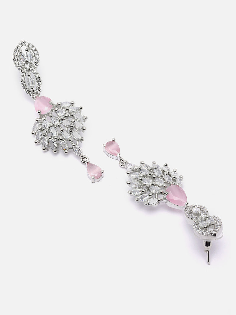Rhodium-Plated Pink American Diamond studded Handcrafted Spiked Drop Earrings