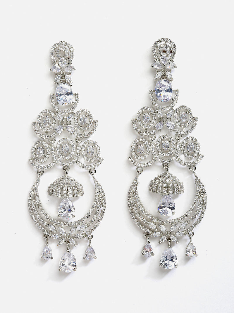 White Rhodium-Plated with Silver-Tone American Diamond Chandelier Earrings