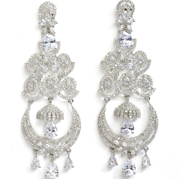 White Rhodium-Plated with Silver-Tone American Diamond Chandelier Earrings