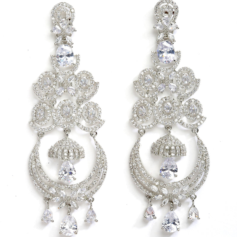White Rhodium-Plated with Silver-Tone American Diamond Chandelier Earrings