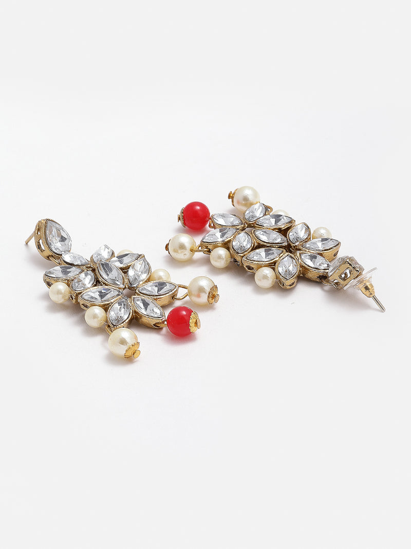 Gold Plated Royal Crafted Stones Studded And Red And Pearl Beads Flower Shaped Necklace Set With  Maang Tikka And Earrings