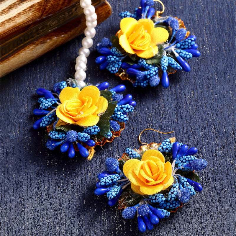 Gold-Plated Pearl Yellow & Blue Gota Patti Flower Maang Tikka Set