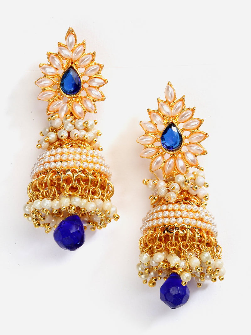 Pearl Stylish Blue & Gold-Toned Contemporary Gold-Plated Jhumka Earrings