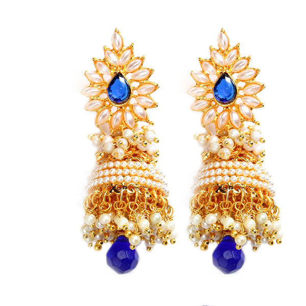 Pearl Stylish Blue & Gold-Toned Contemporary Gold-Plated Jhumka Earrings