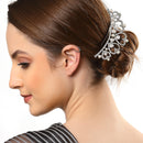 Rhodium Plated Silver-Toned Heart White Pearl Studded Embellished Comb Pin