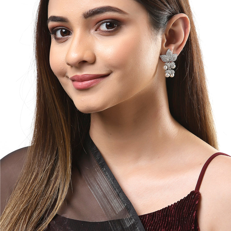 White Rhodium-Plated with Silver-Tone Leaf Shaped Drop Earrings