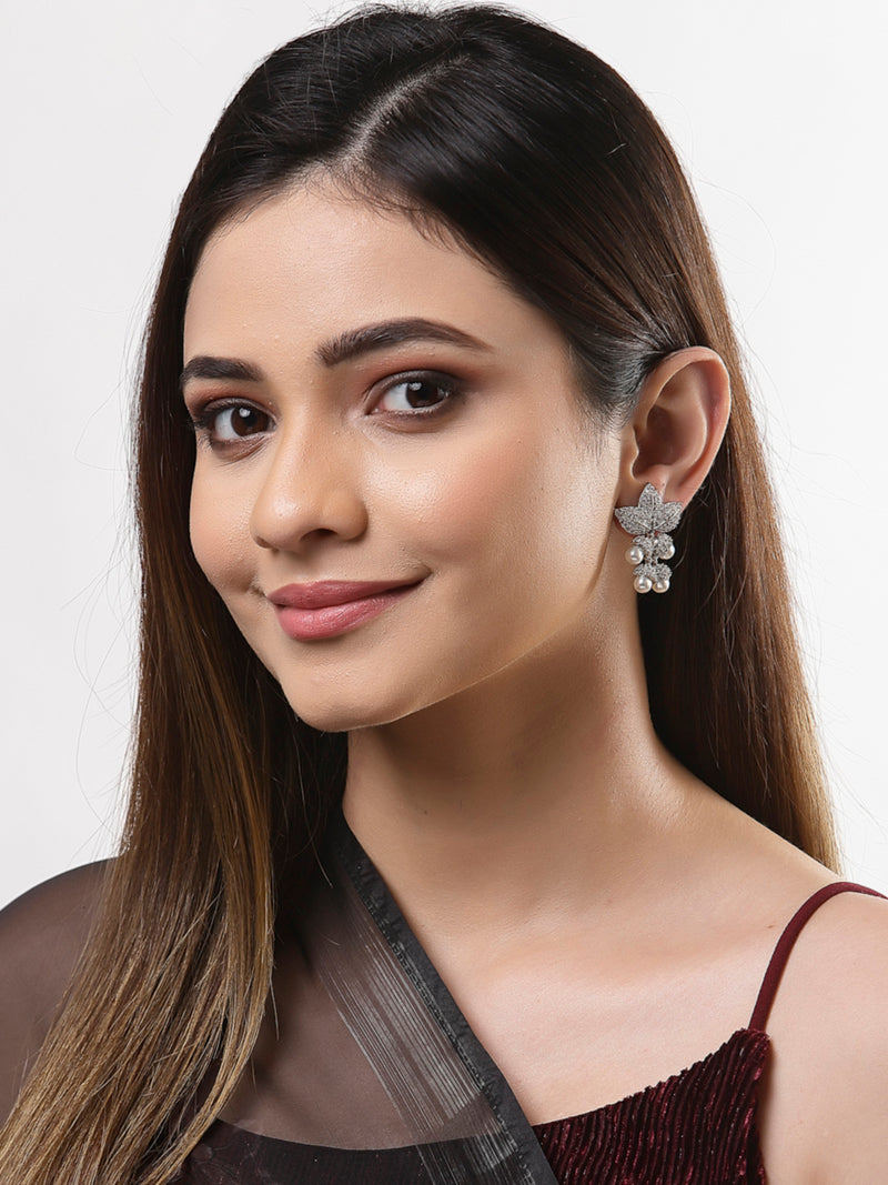 White Rhodium-Plated with Silver-Tone Leaf Shaped Drop Earrings
