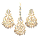 Gold-Plated Pearl Drops Grey Kundan Chandbali Maang Tikka & Earrings Set