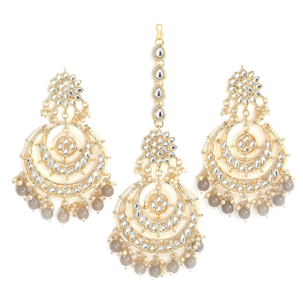 Gold-Plated Pearl Drops Grey Kundan Chandbali Maang Tikka & Earrings Set