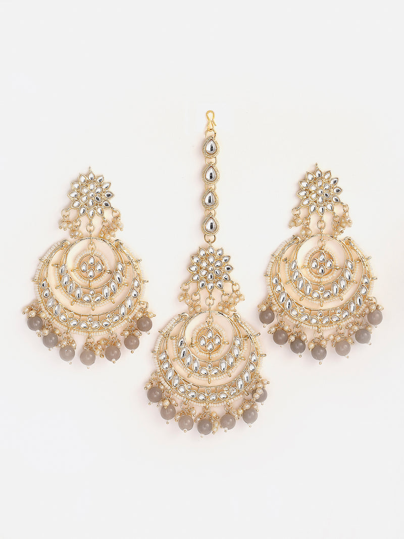 Gold-Plated White & Grey Stone Studded & Beaded Jewellery Set