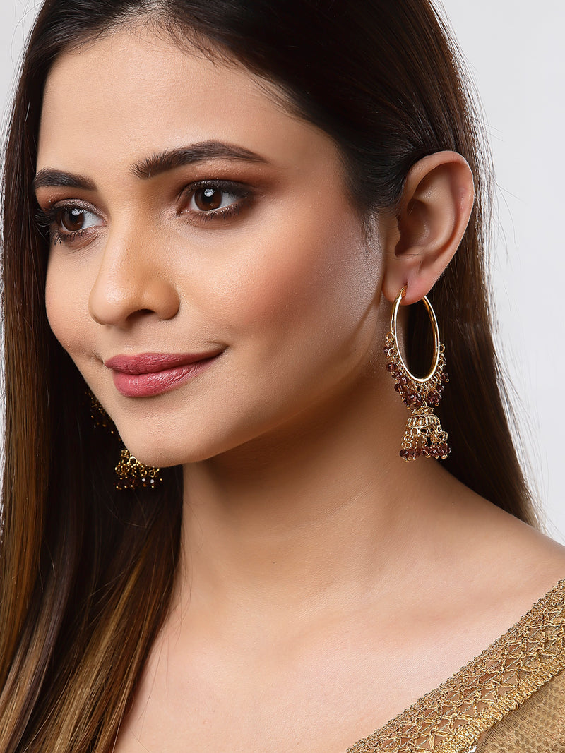 Maroon Dome Shaped Jhumkas Earrings with Gold-Plated Copper