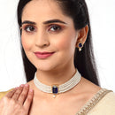 White & Navy Blue Gold-Plated American Diamond Studded and Pearl Beaded Choker Jewellery Set