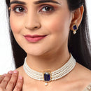 White & Navy Blue Gold-Plated American Diamond Studded and Pearl Beaded Choker Jewellery Set