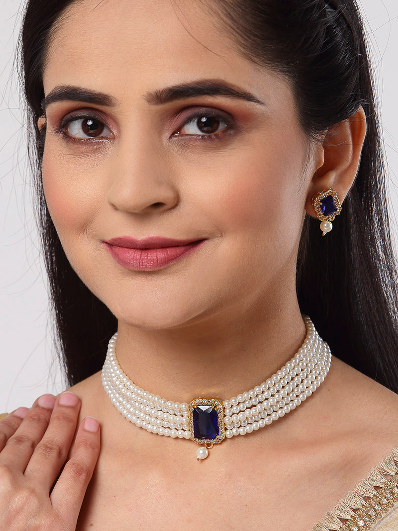 White & Navy Blue Gold-Plated American Diamond Studded and Pearl Beaded Choker Jewellery Set