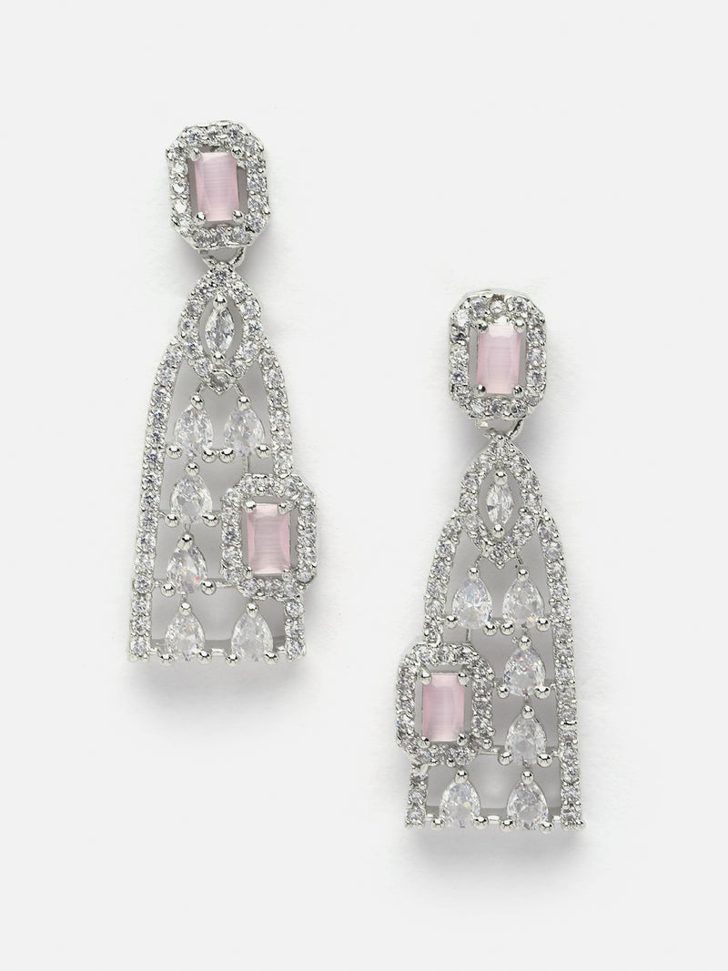 Rhodium-Plated Pink American Diamond studded Classic Drop Earrings
