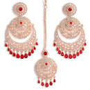 Rose Gold-Plated Round Red American Diamond Studded Chandbali  Maang Tikka & Earrings Set
