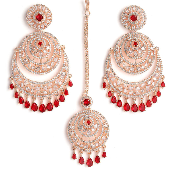 Rose Gold-Plated Round Red American Diamond Studded Chandbali  Maang Tikka & Earrings Set