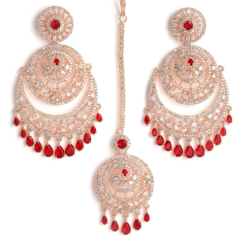 Rose Gold-Plated Round Red American Diamond Studded Chandbali  Maang Tikka & Earrings Set