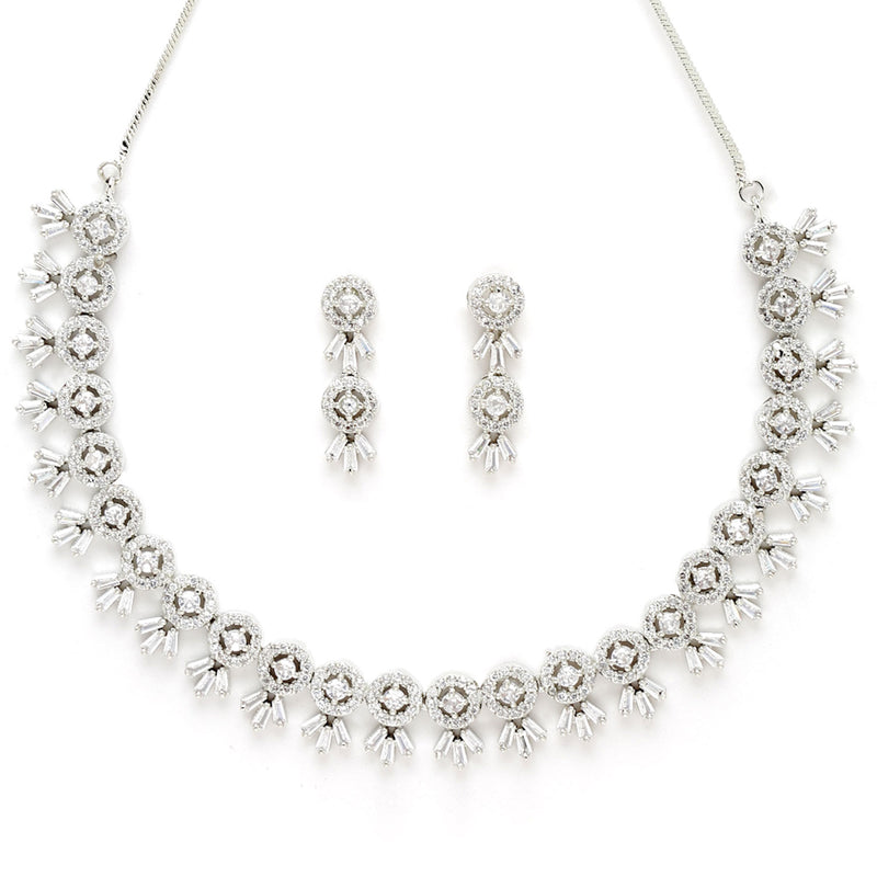 Rhodium-Plated with Silver-Tone White American Diamond-Studded Jewellery Set