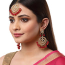 Gold-Plated Red Pearl & Kundan Studded Maang Tikka With Earrings