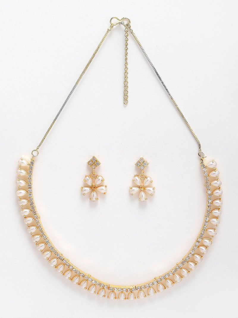 Floral Gold Plated American Diamond White Collar Necklace Set with Earrings