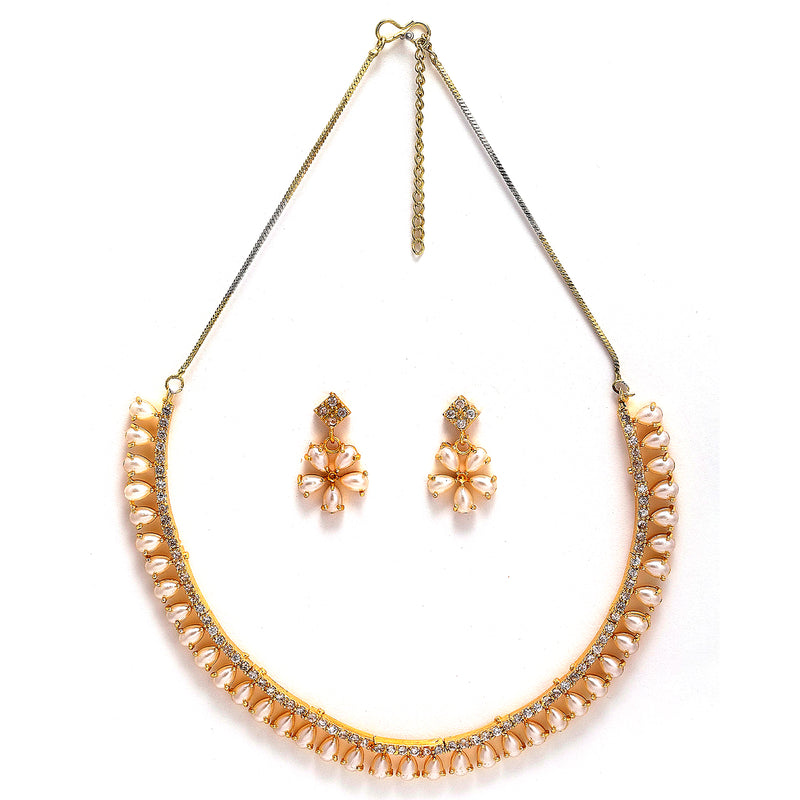 Floral Gold Plated American Diamond White Collar Necklace Set with Earrings