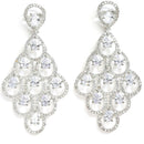 White American Diamond Rhodium-Plated with Silver-Tone Studded Leaf Shaped Drop Earrings