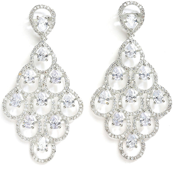 White American Diamond Rhodium-Plated with Silver-Tone Studded Leaf Shaped Drop Earrings