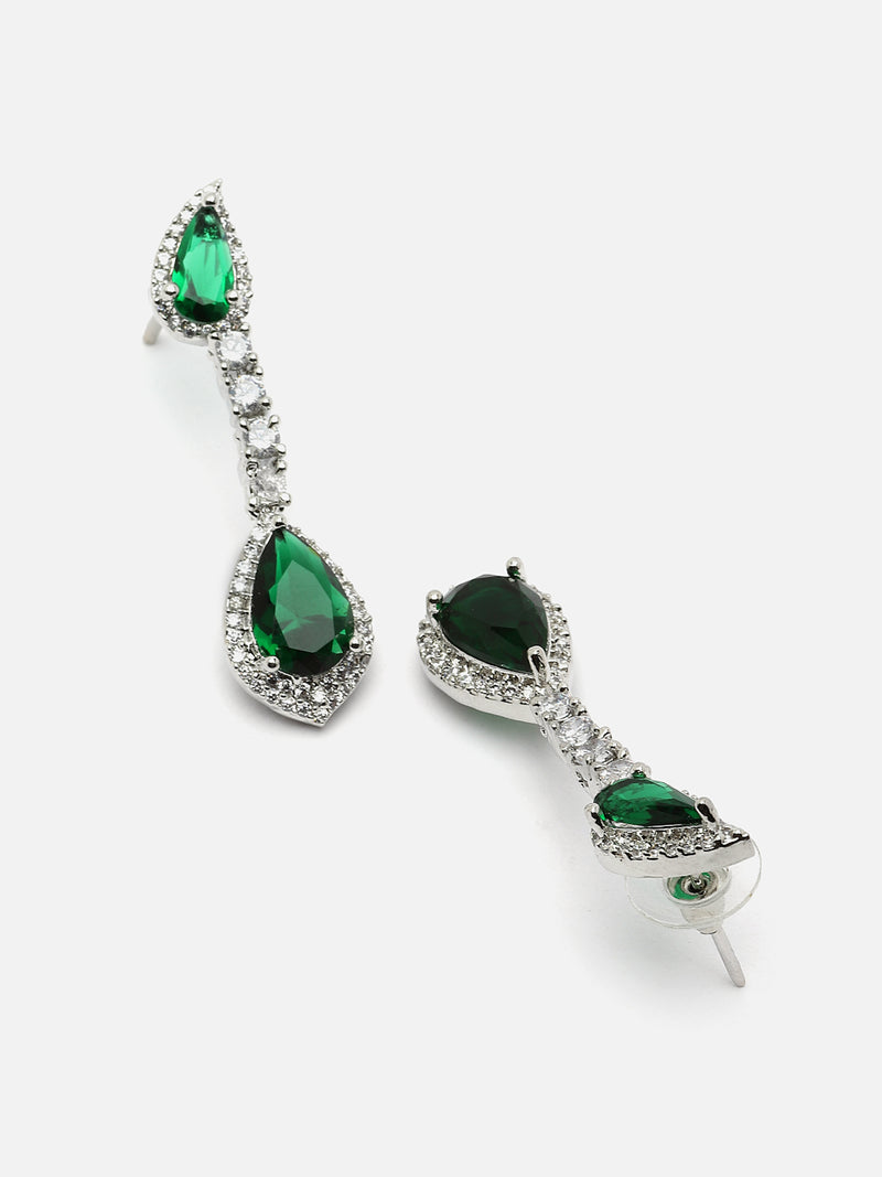 Rhodium-Plated Green & White American Diamond studded Teardrop Shaped Classic Drop Earrings