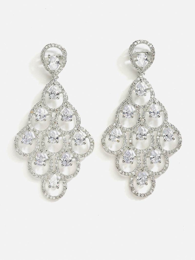 White American Diamond Rhodium-Plated with Silver-Tone Studded Leaf Shaped Drop Earrings