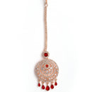 Rose Gold Plated Red AD Pearl Bead Drops Ethnic Maang Tikka & Earring