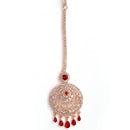 Rose Gold-Plated Round Red American Diamond Studded Chandbali  Maang Tikka & Earrings Set