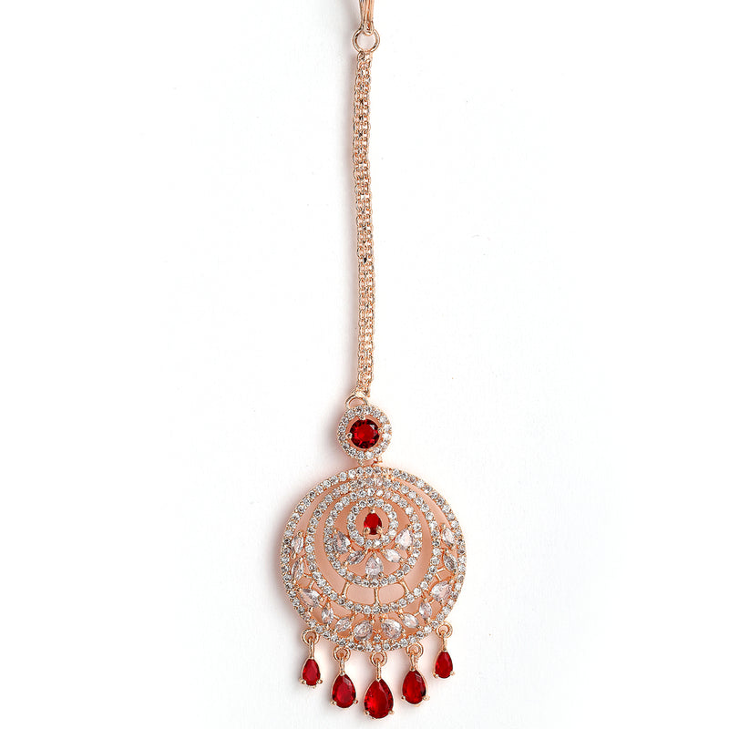 Rose Gold-Plated Round Red American Diamond Studded Chandbali  Maang Tikka & Earrings Set