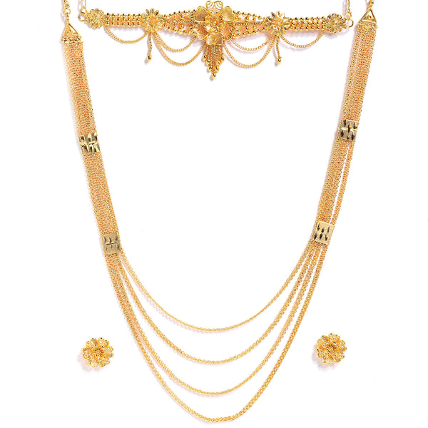 Gold-Plated Textured Floral Multi Layer Jewellery Set Combo