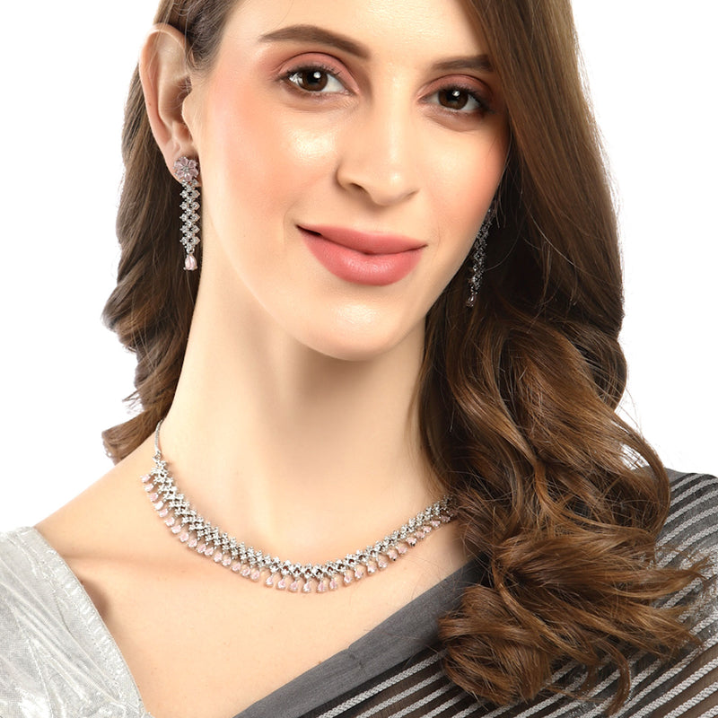 Rhodium-Plated with Silver-Tone Pink American Diamond-Studded Jewellery Set