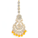 Gold-Plated Pearl Drops Orange Kundan Chandbali Maang Tikka & Earrings Set