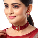 Gold-Toned Red & White American Diamond-Studded & Beaded Choker Jewellery Set