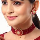 Gold-Toned Red & White American Diamond-Studded & Beaded Choker Jewellery Set