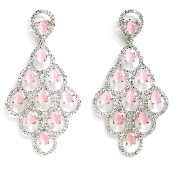 Pink American Diamond Rhodium-Plated with Silver-Tone Studded Leaf Shaped Drop Earrings