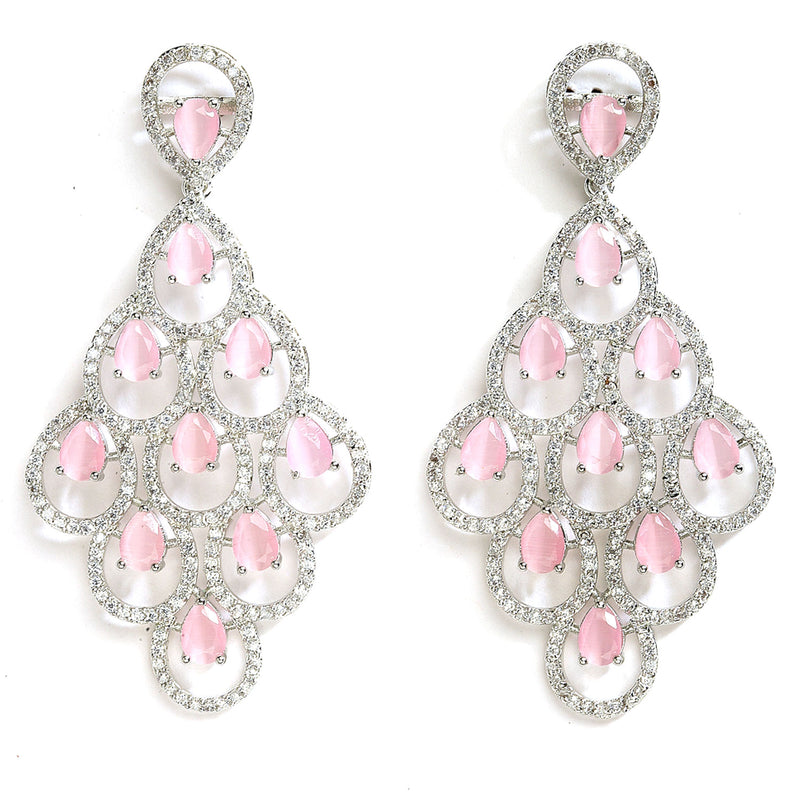 Pink American Diamond Rhodium-Plated with Silver-Tone Studded Leaf Shaped Drop Earrings