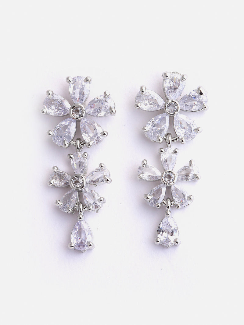 Rhodium-Plated with Silver-Tone & White American Diamond Stone-Studded Jewellery Set