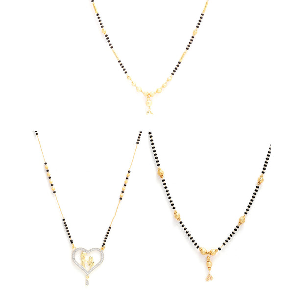 Gold-Plated Set Of 3 Black Studded & Black Beaded Mangalsutra