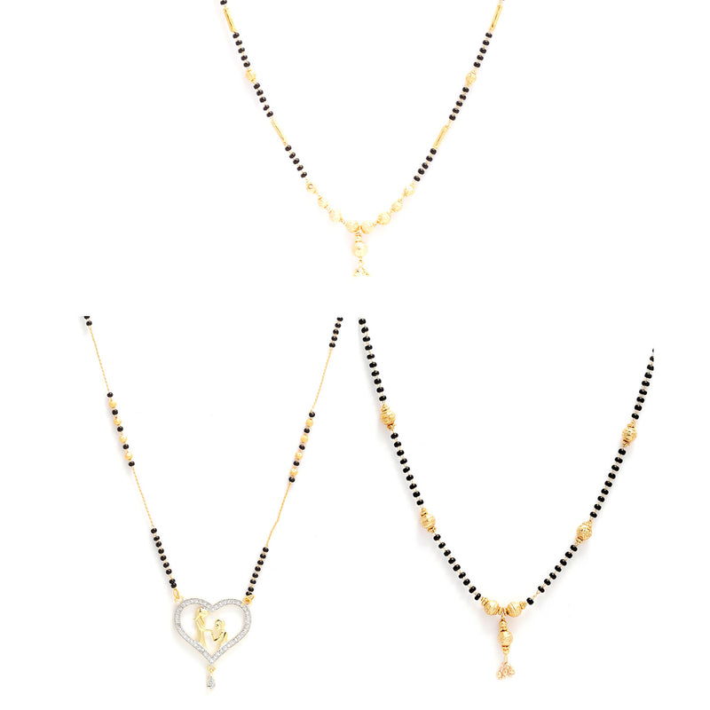 Gold-Plated Set Of 3 Black Studded & Black Beaded Mangalsutra