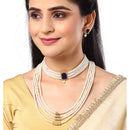 Gold-Plated Navy Blue Stone-Studded & Pearl Beaded Layered Jewellery Set Combo
