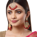 Gold-Plated Red Pearl & Kundan Studded Maang Tikka With Earrings