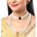 Gold-Plated Navy Blue Stone-Studded & Pearl Beaded Layered Jewellery Set Combo