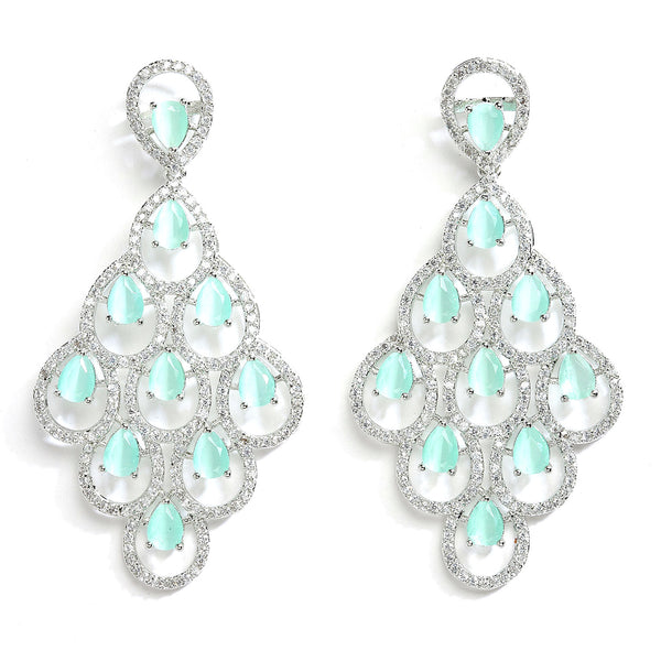 Sea Green American Diamond Rhodium-Plated with Silver-Tone Studded Leaf Shaped Drop Earrings